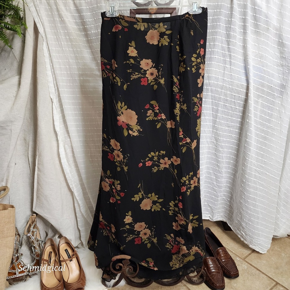Cynthia Howie Black Floral 100% Silk Maxi Skirt Plus Size 24W Long Flowy Boho